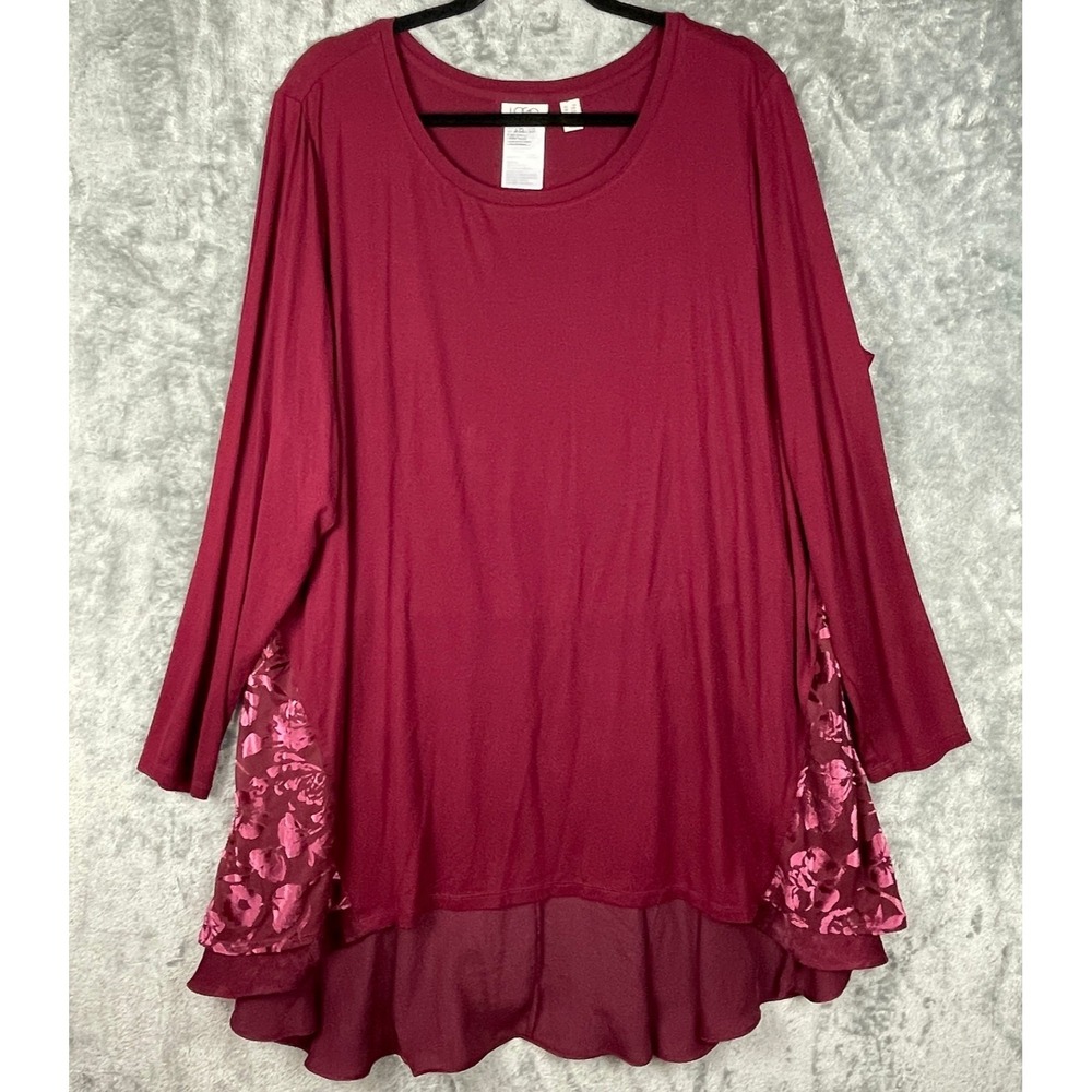 LOGO Lori Goldstein Tunic Top Womens 2X Maroon Velvet Burnout Floral Romantic